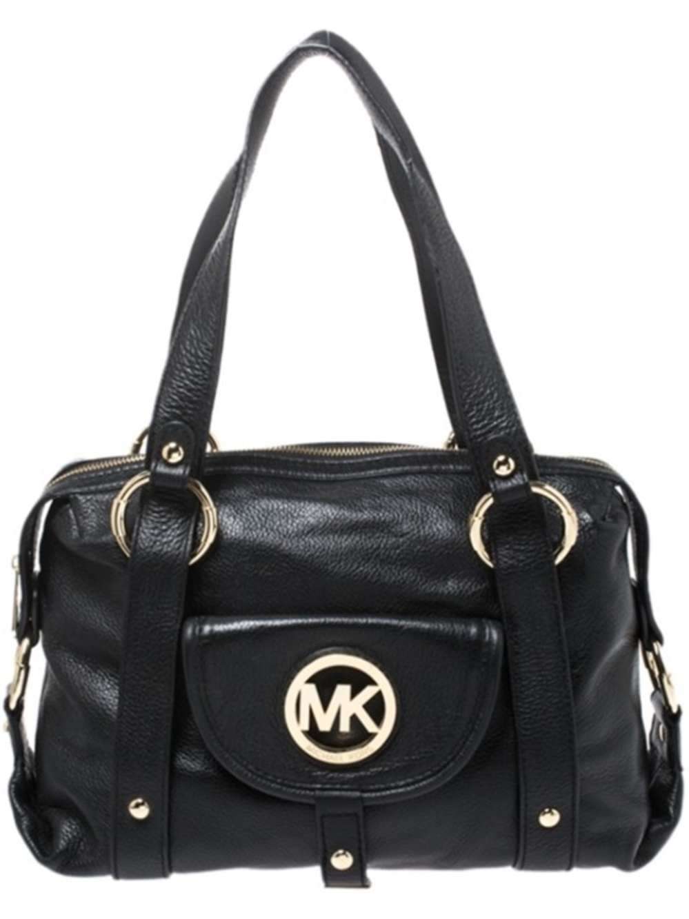 Michael Kors Fulton Black Pebbled Leather Satchel Gold Hardware Handbag